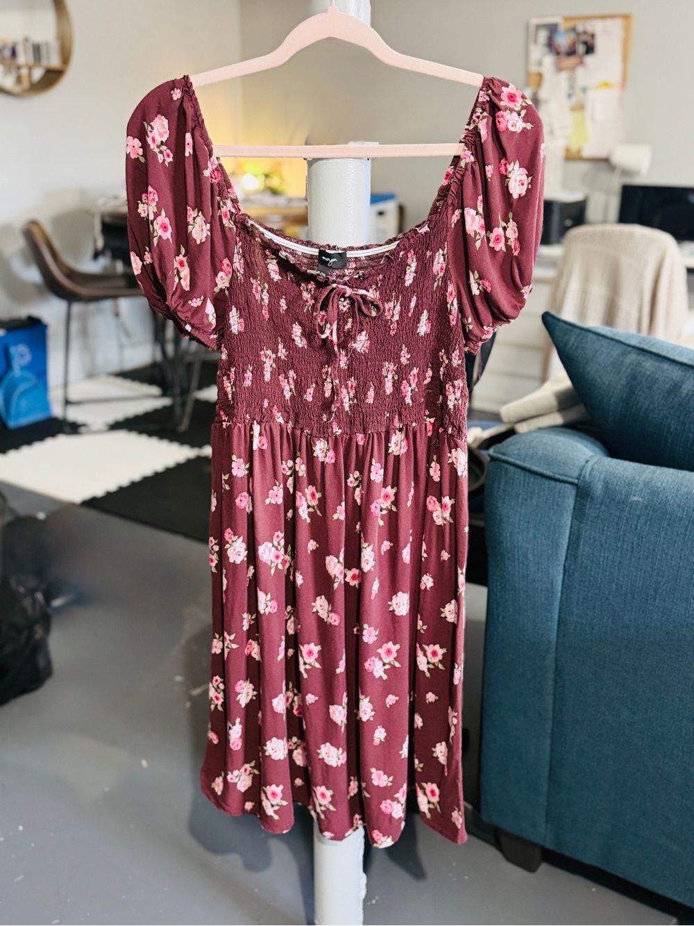 Lily Morgan XL Burgundy Flower Smocked Puff Sleeve Mini Dress Tunic Top - Picture 10 of 10